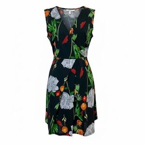 CAMILLA‎ TREE Black floral print faux wrap mini dress size M.